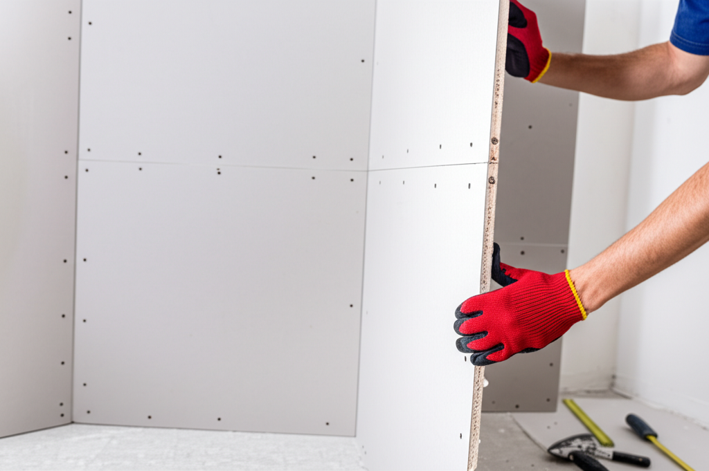 Professional installing drywall