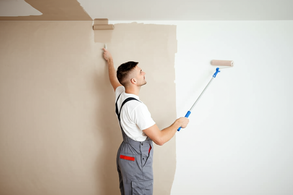 Worker painting finished drywall