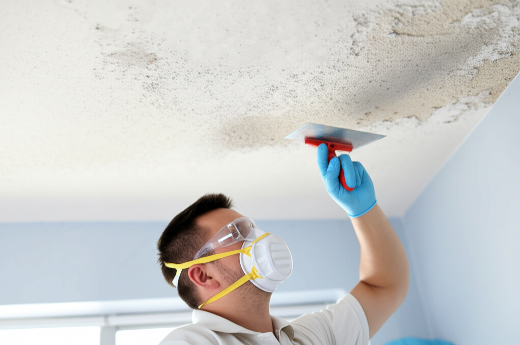 Worker removing popcorn ceiling