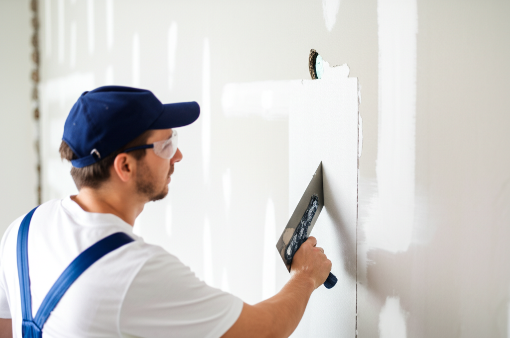 Worker repairing drywall