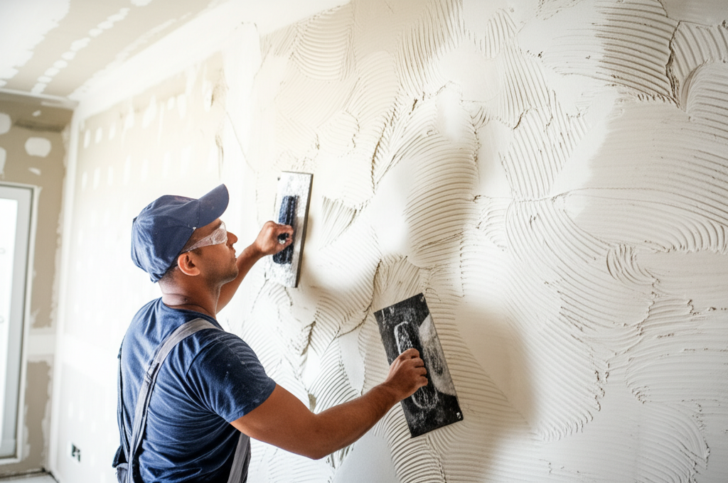 Worker applying texture to wall